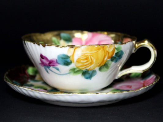 Antique Tea Cup, Japanese Unmarked, Pink & Yellow Rose Teacup and Saucer -J