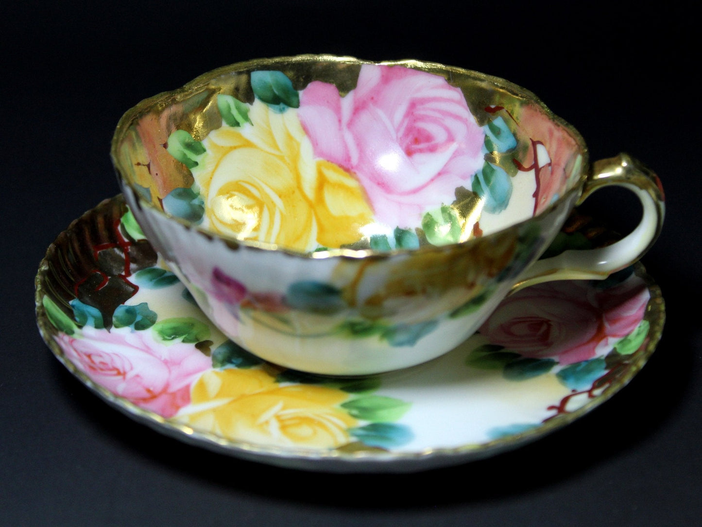 Antique Tea Cup, Japanese Unmarked, Pink & Yellow Rose Teacup and Saucer -J