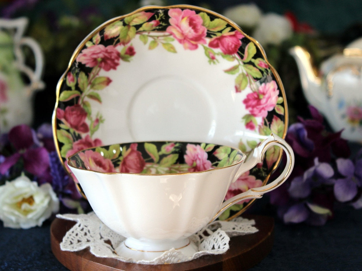 Black Magic Bone China Teacup, Tea Cup & Saucer, Queen Anne 17484